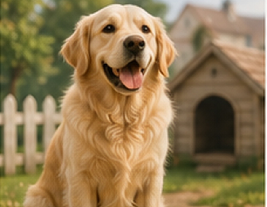 Un chien devant la porte d'une maison