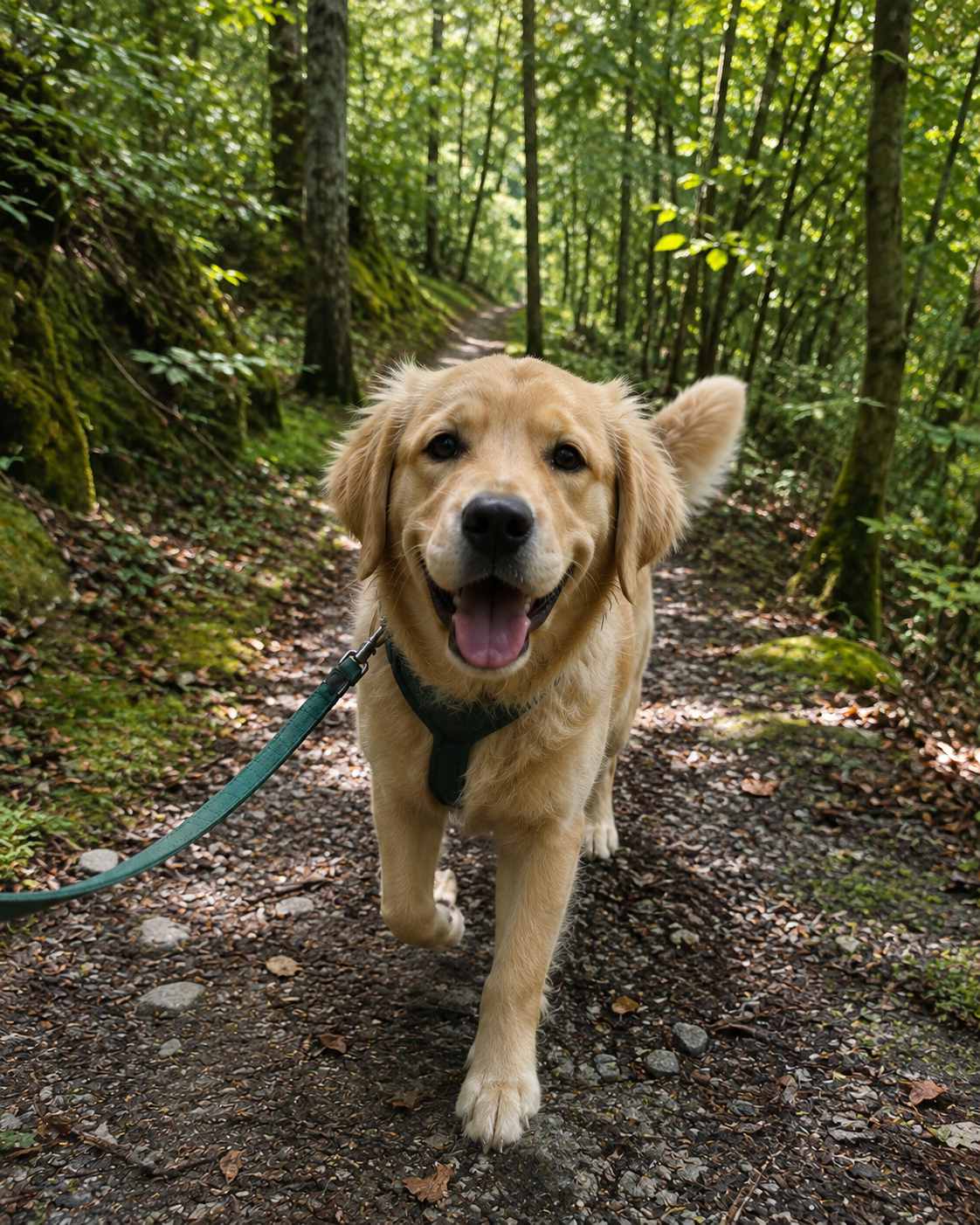 Un chien en promenade tenu en laisse sur un chemin